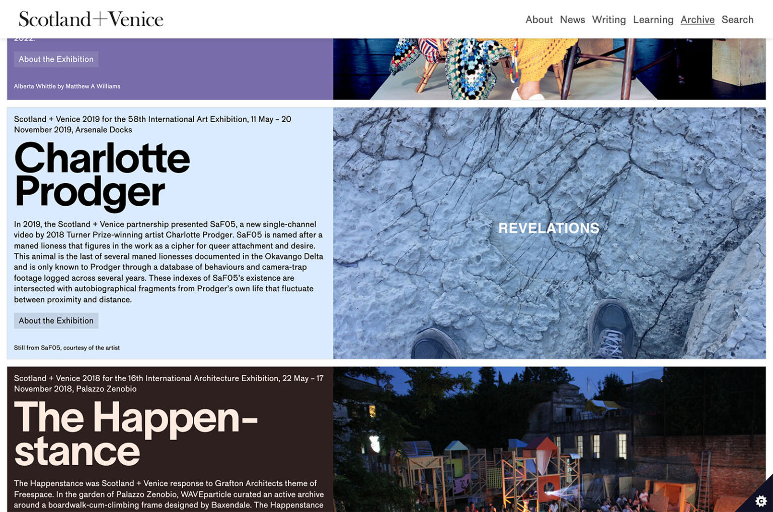 Scotland and Venice website showing the exhibition archive